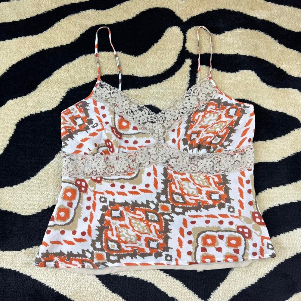 ★100% silk orange + white lace trim cami top ★